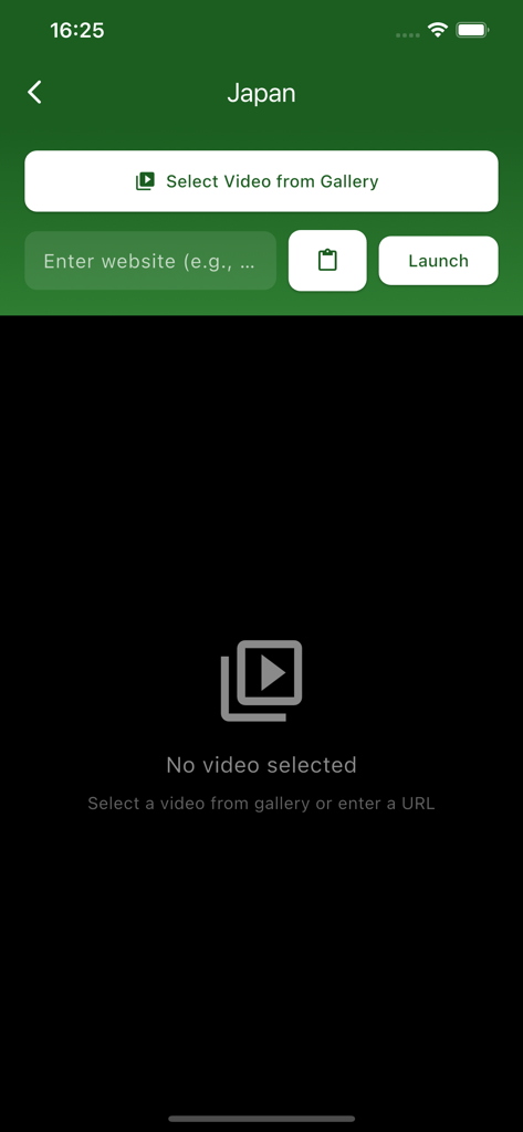 TV Garden - TV Garden app interface showing options to select a video from the gallery or enter a website URL to play content.