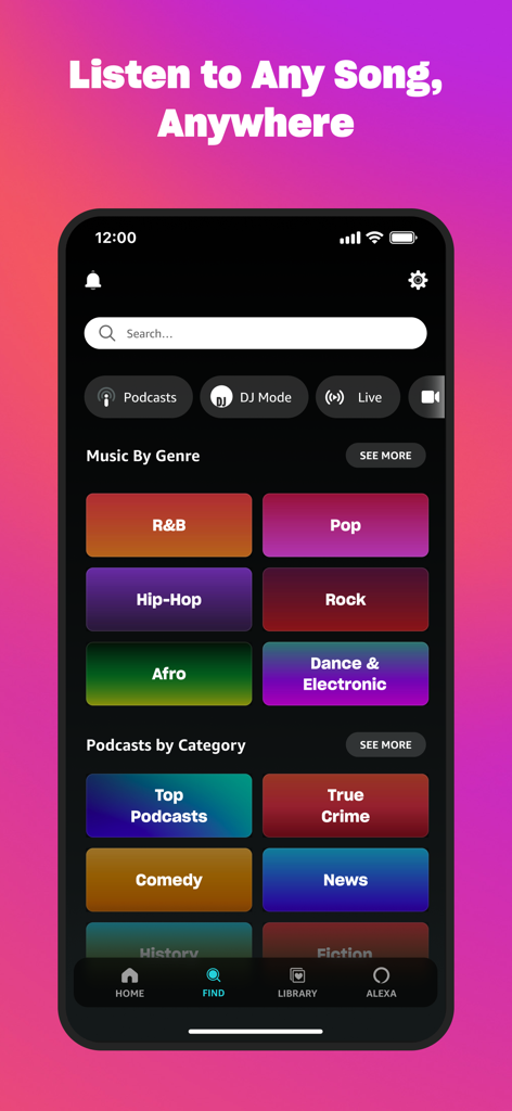 Amazon Music App Suchbildschirm mit Musikgenres und Podcast-Kategorien