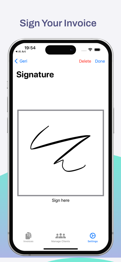 Uma tela de aplicativo móvel mostrando um campo de assinatura digital para assinar uma fatura profissional.
