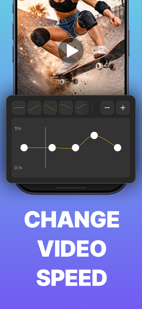 Slow Motion: Edit Video Speed - A mobile interface for changing video speed using a speed ramp curve over a skateboarding action clip.