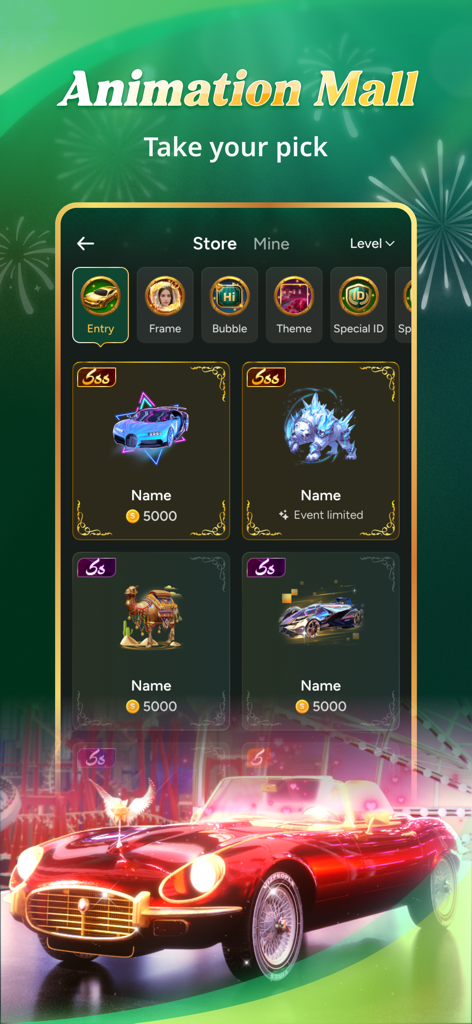 Sama Chat - Pantalla de la aplicación Sama Chat que muestra la tienda Animation Mall con coches de lujo virtuales y regalos