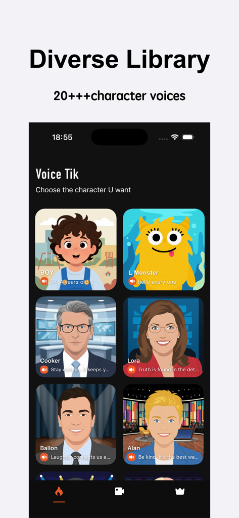 Voice Tik: AI Voice Changer - Voice Tik mobile app interface showing a diverse selection of character and celebrity voices