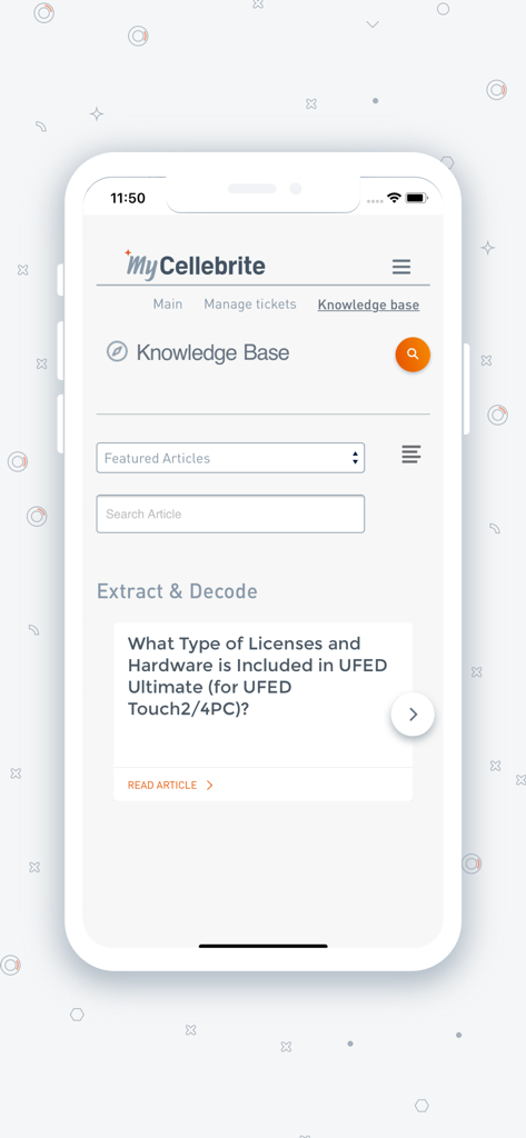 Knowledge base screen of the My Cellebrite Community app showing technical forensic articles