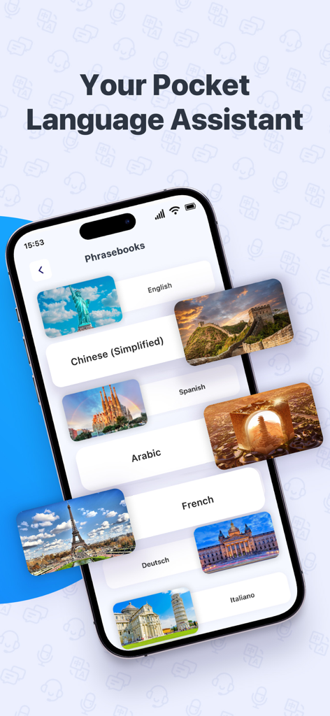 Smart Translator app interface showing a list of phrasebooks for various languages with representative landmark icons