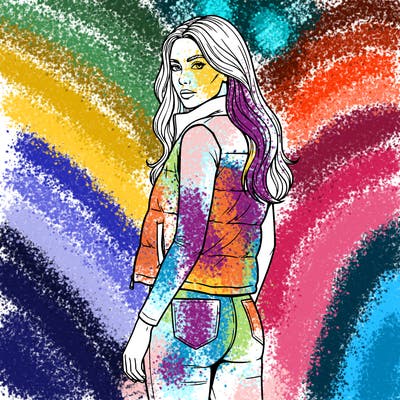 lady with long hair, wearing tight long sleeved shirt with puffy vest over it and jeans and a face