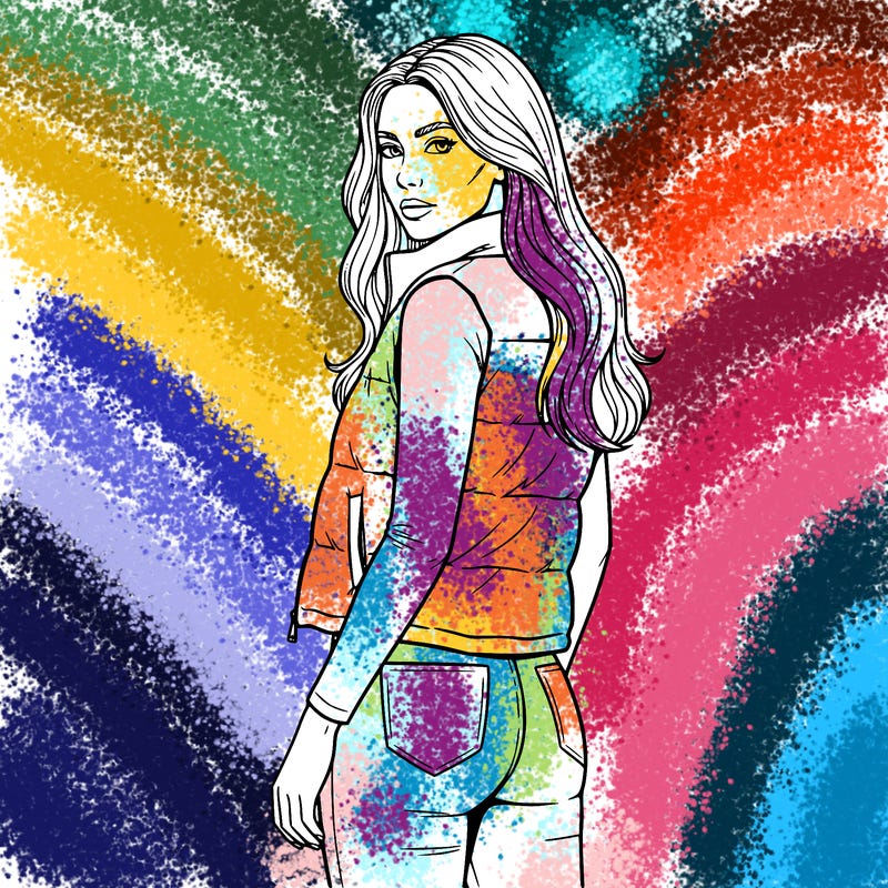 lady with long hair, wearing tight long sleeved shirt with puffy vest over it and jeans and a face