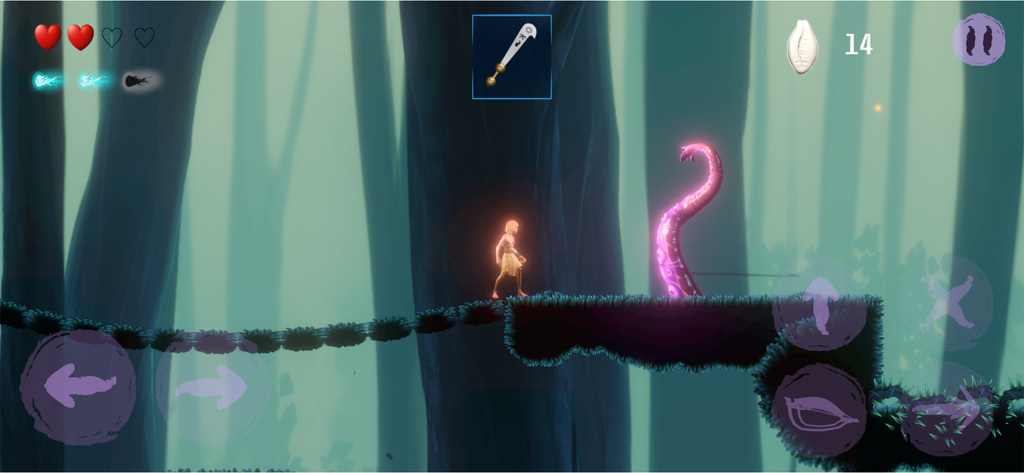 Anokye - Anokye character standing in a misty green forest facing a glowing pink tentacle in a 2D platformer game