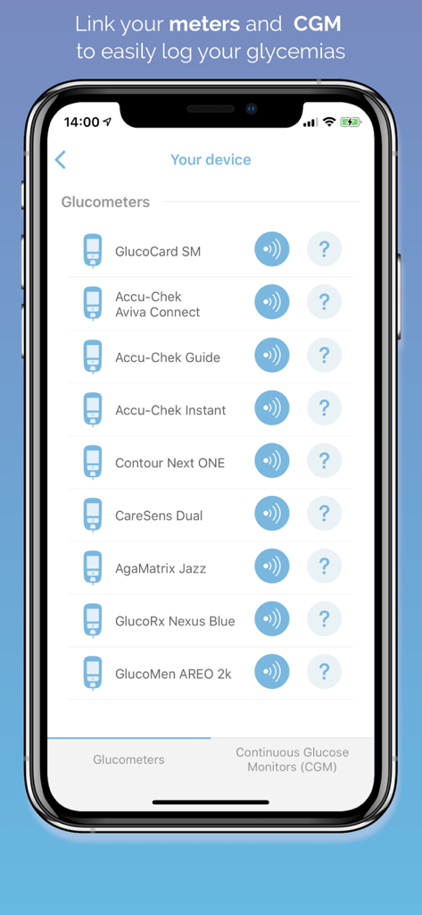 Schermata dell'app SocialDiabetes che mostra un elenco di glucometri compatibili per la sincronizzazione dei dati