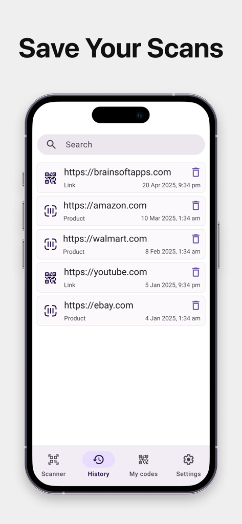 QR Reader & Code Scanner App - Mobile app screen showing a saved scan history with links to major retail websites.