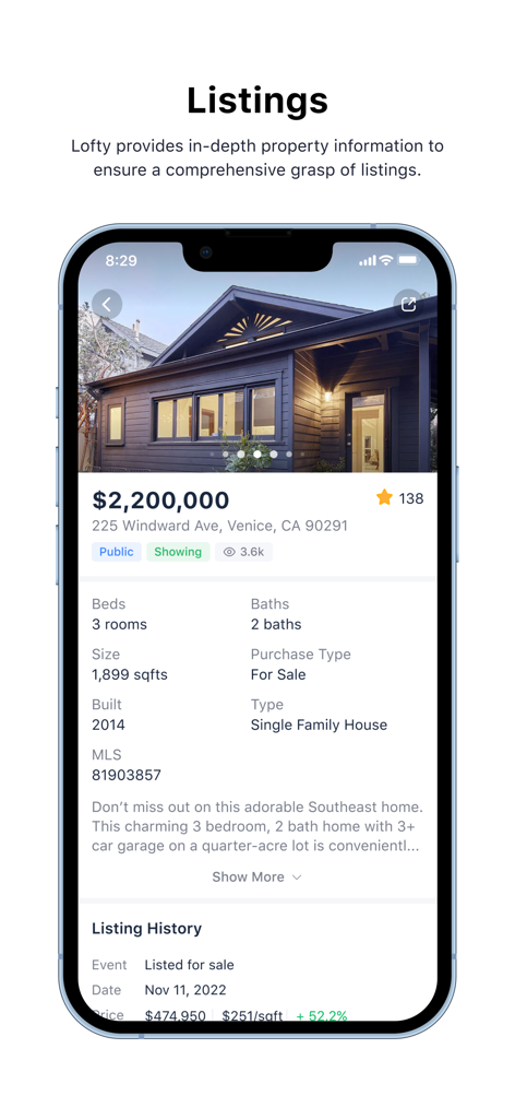 Lofty Real Estate Platform - Screenshot of the Lofty app showing a detailed real estate property listing with price and home features on an iPhone.