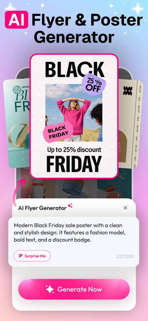 Flayer: AI Poster Maker, Flyer - ブラックフライデーセールデザインを表示するAIチラシおよびポスタージェネレーターインターフェース