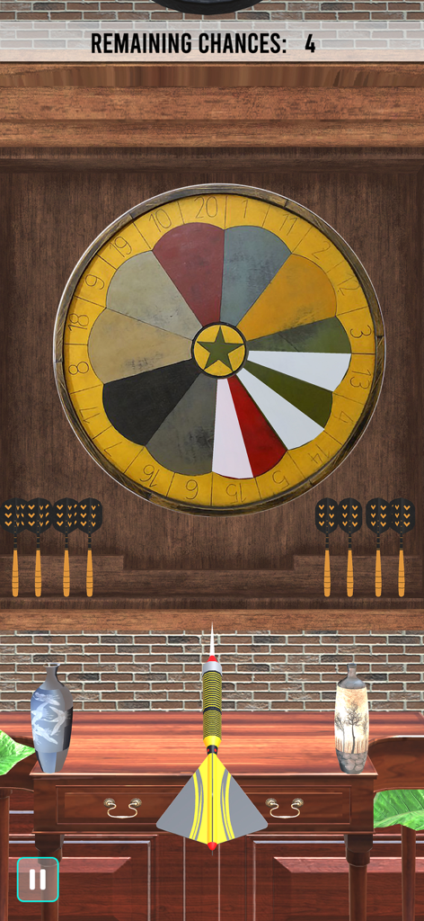 Dart Games 3D: Arrow Master - Captura de pantalla del juego Dart Games 3D Arrow Master con una diana de dardos y un dardo amarillo en un bar acogedor