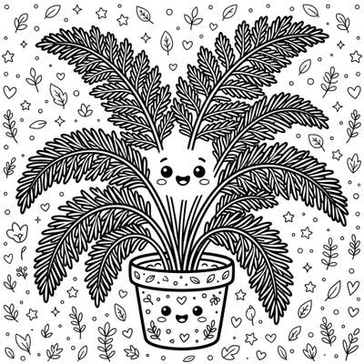 Discover the delightful charm of nature with our adorable Kawaii Asparagus Fern coloring page. This design features a happy potted plant with intricate feathery fronds, ready for your creative touch.