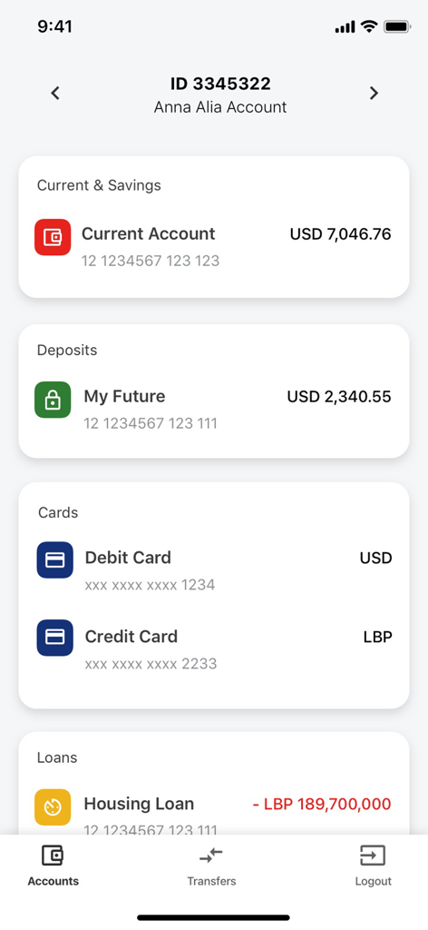 SGBL mobile application dashboard showing bank account balances, deposits, cards, and loans