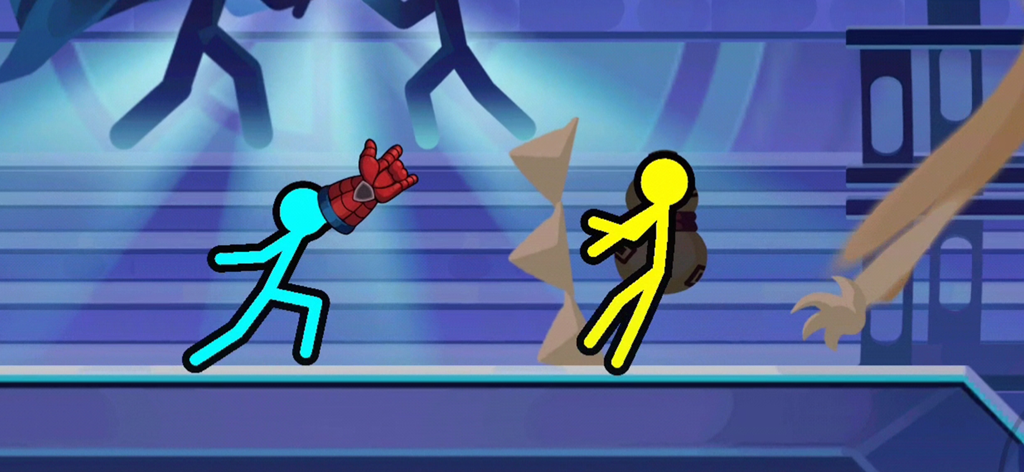 Stickman Clash Mobile - Cyan stickman with a superhero glove fighting a yellow stickman