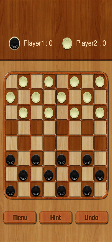 Digital checkers board with black and white pieces on a wood texture