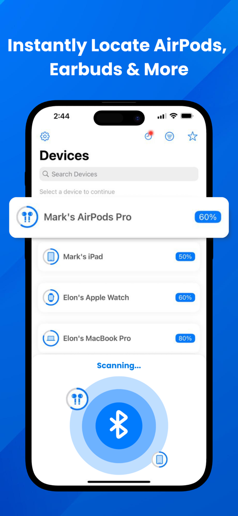 Spot Bluetooth Finder - Oberfläche der Spot Bluetooth Finder App, die eine Liste der verfolgten Geräte und einen Scan-Radar anzeigt