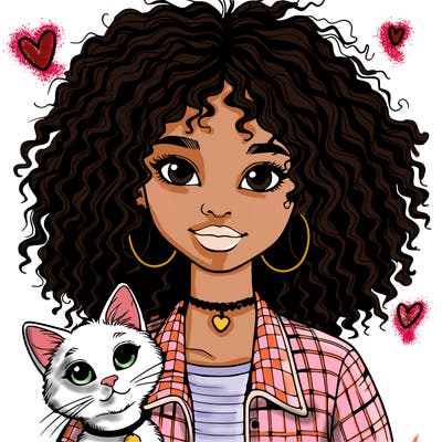 realistic girl with curly hair and a cat