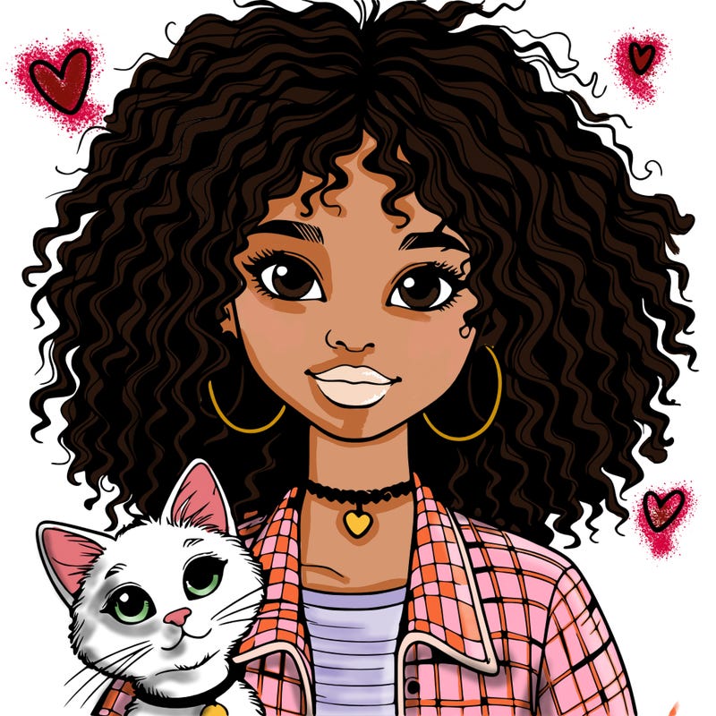 realistic girl with curly hair and a cat