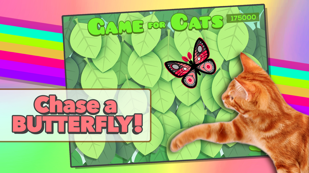 An orange tabby cat reaching for a digital butterfly in the Game for Cats app.