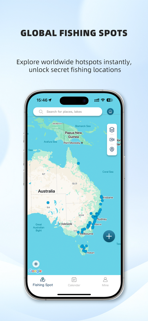 FishMeteo - Fishing forecast - A smartphone showing the FishMeteo app interface with a map of Australia highlighting numerous fishing spots and coastal hotspots