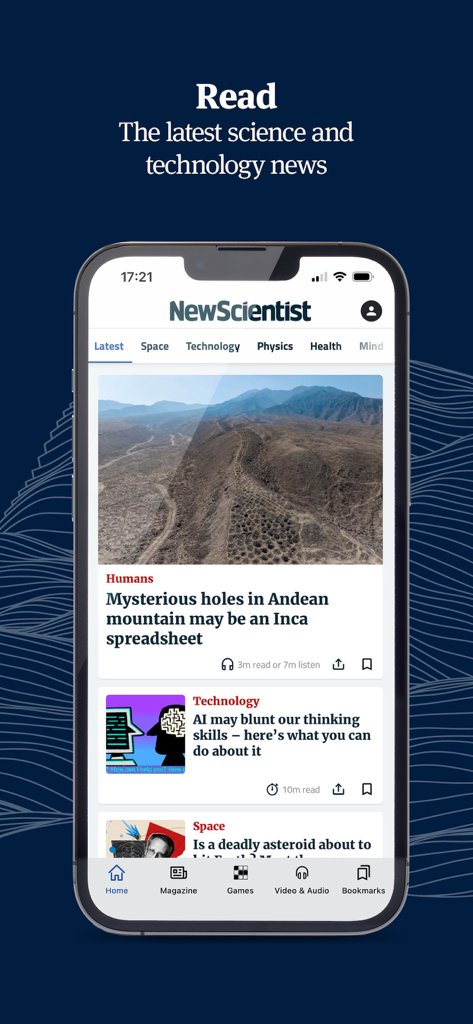 New Scientist - New Scientist mobile app interface showing the latest science and technology news articles
