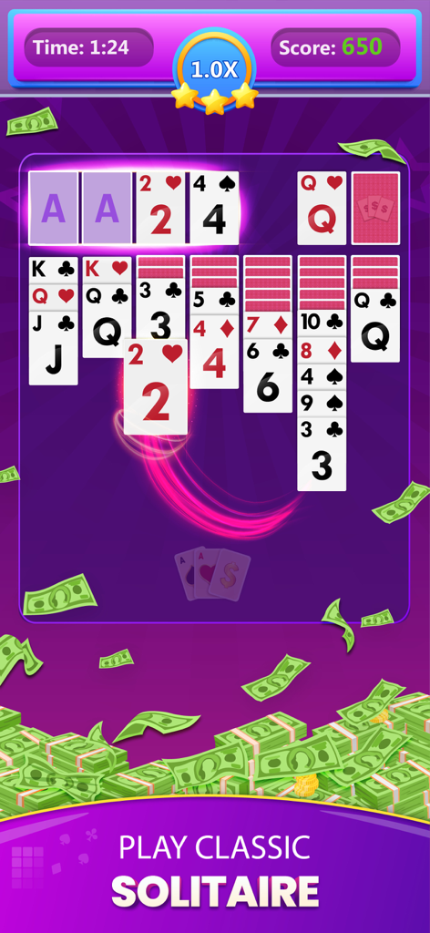 Solitaire Vie: Real Money Game - Tela do jogo Solitaire Vie mostrando paciência clássico com recompensas em dinheiro