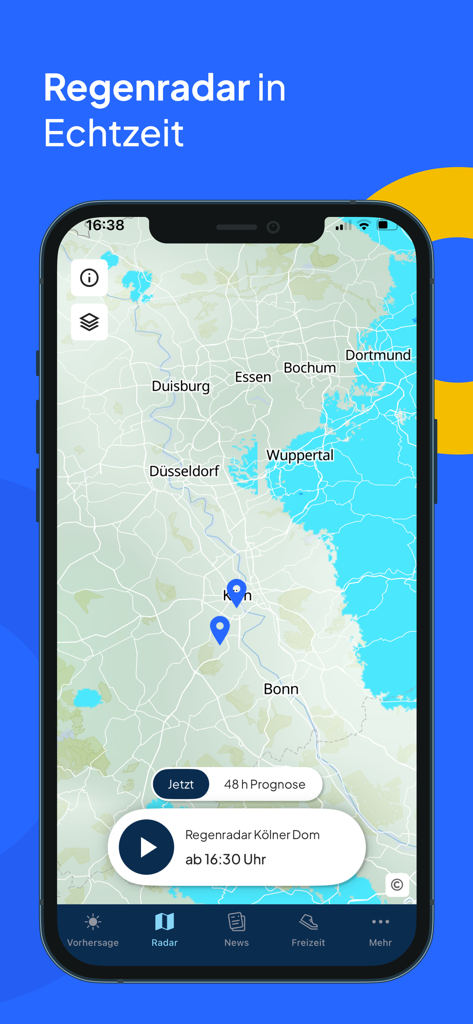 Écran de smartphone affichant la fonction radar des précipitations en temps réel de l'application wetter.de avec une carte des villes allemandes comme Cologne et Bonn.