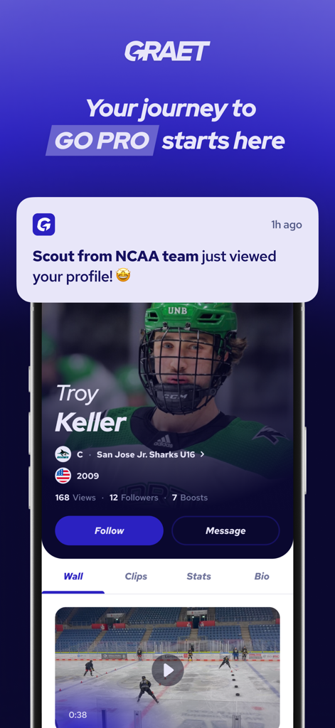 GRAET - Youth hockey player profile on GRAET app with NCAA scout notification