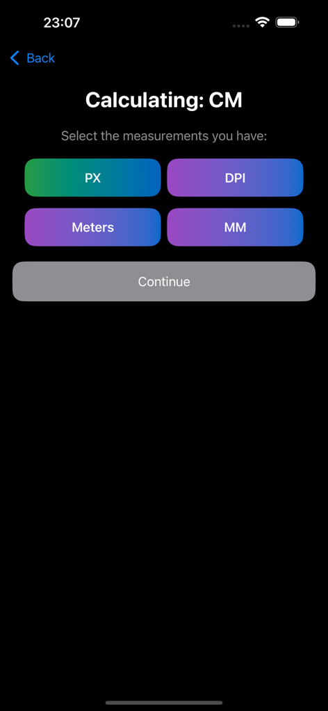 PixCalc - Measurement unit selection screen in PixCalc app for calculating centimeters