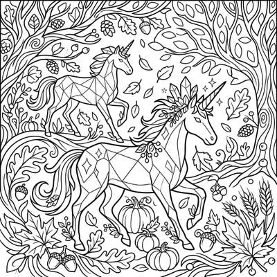 Discover a magical autumn scene featuring two majestic crystal unicorns. This intricate coloring page is filled with delightful fall elements like pumpkins, leaves, and acorns, perfect for a cozy coloring session.