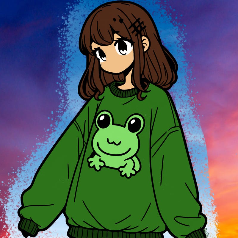 girl wearing frogging sweatshirt