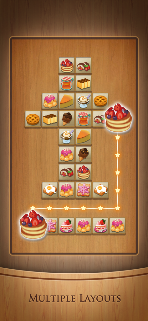 Tile Connect: Matching Games - 木製のボード上にデザートアイコンと星の接続パスが表示されたタイルマッチングゲーム画面