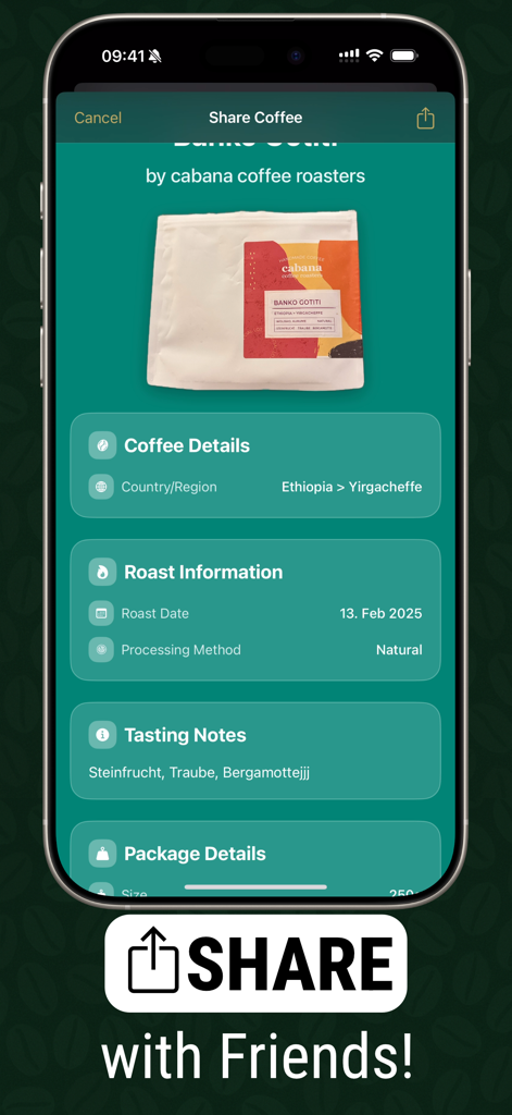 Coffee Bean Tracker - Vault - Interface for sharing coffee bean details and tasting notes with friends in the Beanvault app