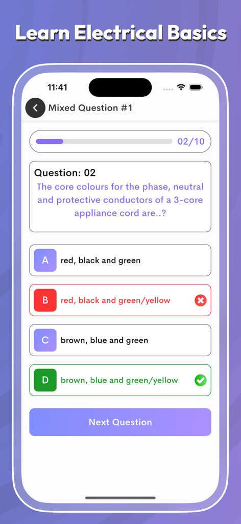 Electrical Tools & Reference - Uma pergunta de múltipla escolha sobre códigos de cores de fios elétricos em uma interface de aplicativo móvel.
