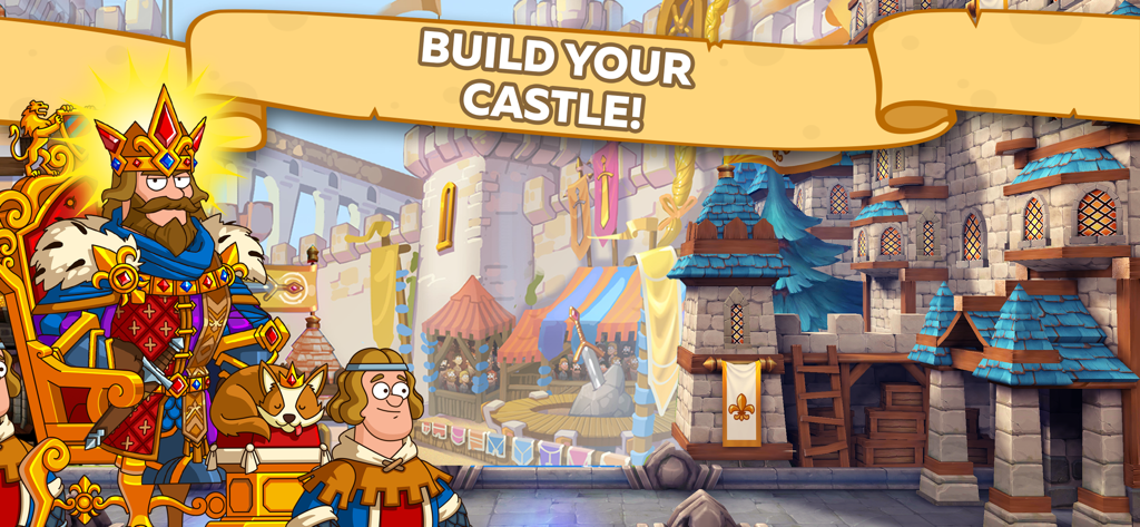 Hustle Castle・Medieval Kingdom - Cartoon king and his royal corgi standing in front of a medieval kingdom with the text Build Your Castle