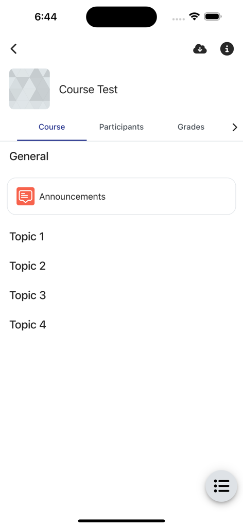 Open-LMS - Open-LMSモバイルアプリの画面。トピックとアナウンスのタブがあるコーステストを表示