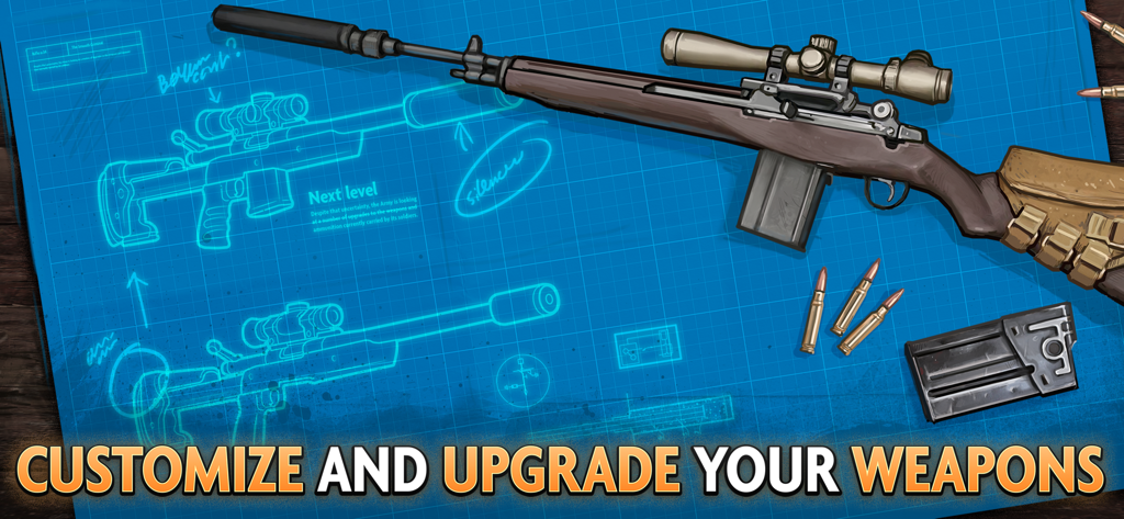 Sniper rifle on top of a technical blueprint for weapon upgrades