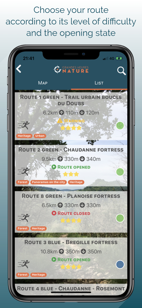 Interfaccia dell'app Besancon Grandes Heures Nature che mostra un elenco di percorsi con distanza, dislivello e livelli di difficoltà