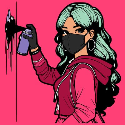 realistic girl with mask spray painting a wall