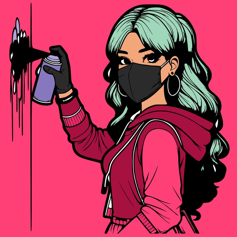 realistic girl with mask spray painting a wall