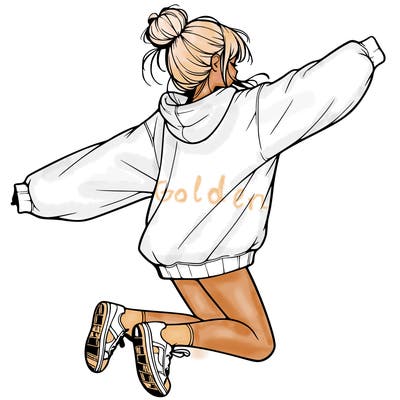 realistic girl jumping with a bun and oversized sweatshirt