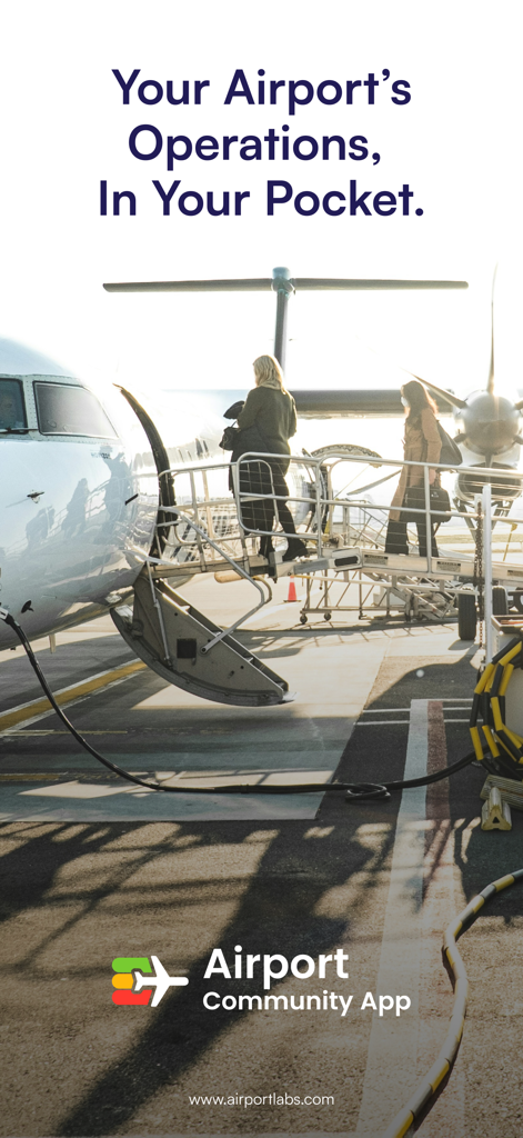 An airplane on the tarmac with passengers boarding and the text Your Airports Operations In Your Pocket for the Airport Community App