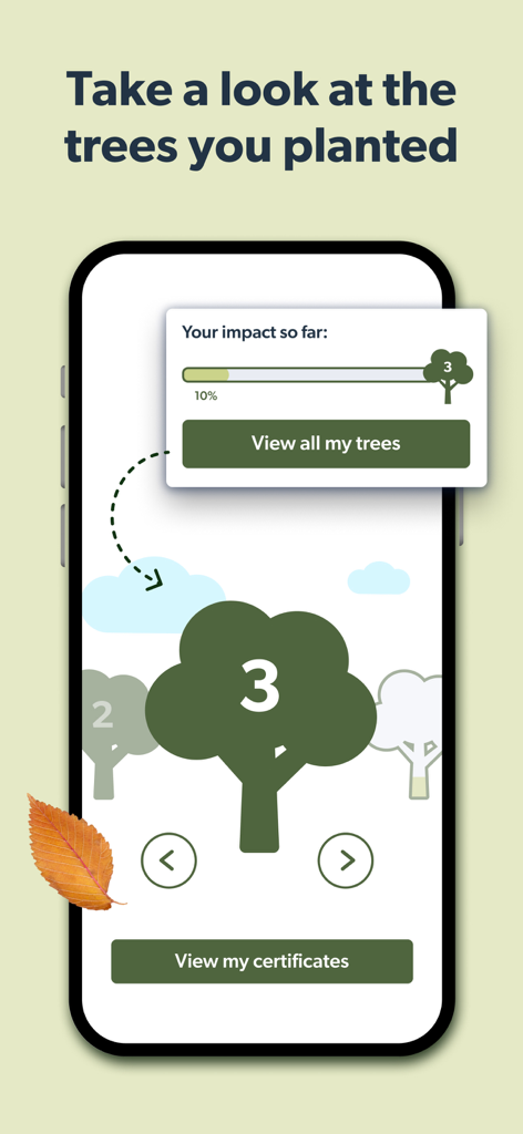 A mobile app interface showing a progress bar for trees planted and a counter showing three trees