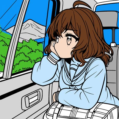 anime girl sighing with elbow on window sill on the back seat of the car looking outside the window of the car