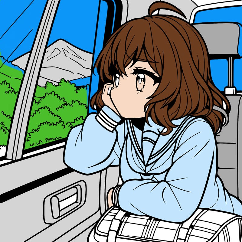 anime girl sighing with elbow on window sill on the back seat of the car looking outside the window of the car