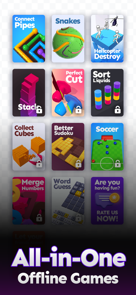 A menu screen showing a variety of offline mini games including puzzles and arcade classics