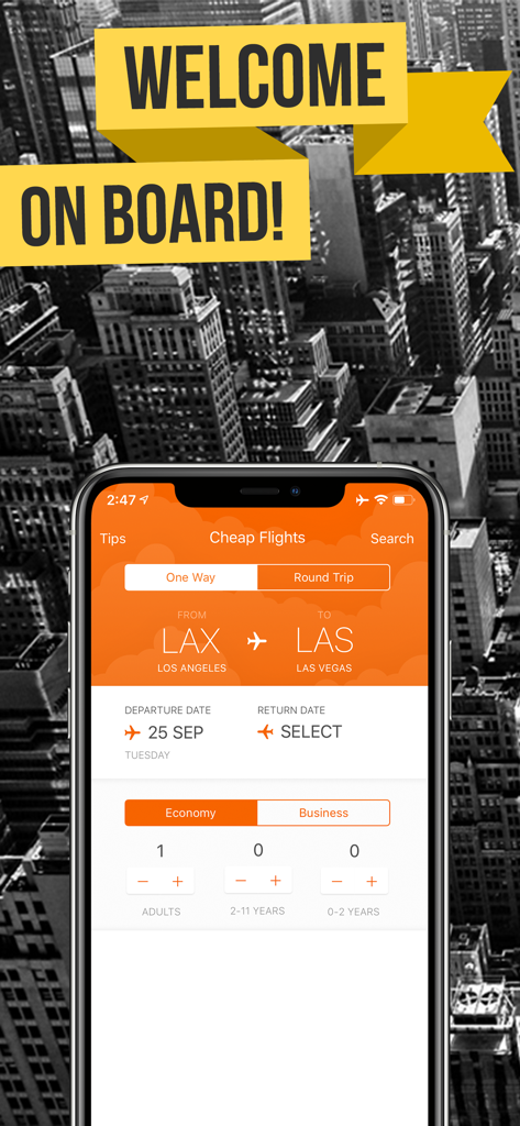 Interface do aplicativo móvel para pesquisar voos baratos de Los Angeles para Las Vegas