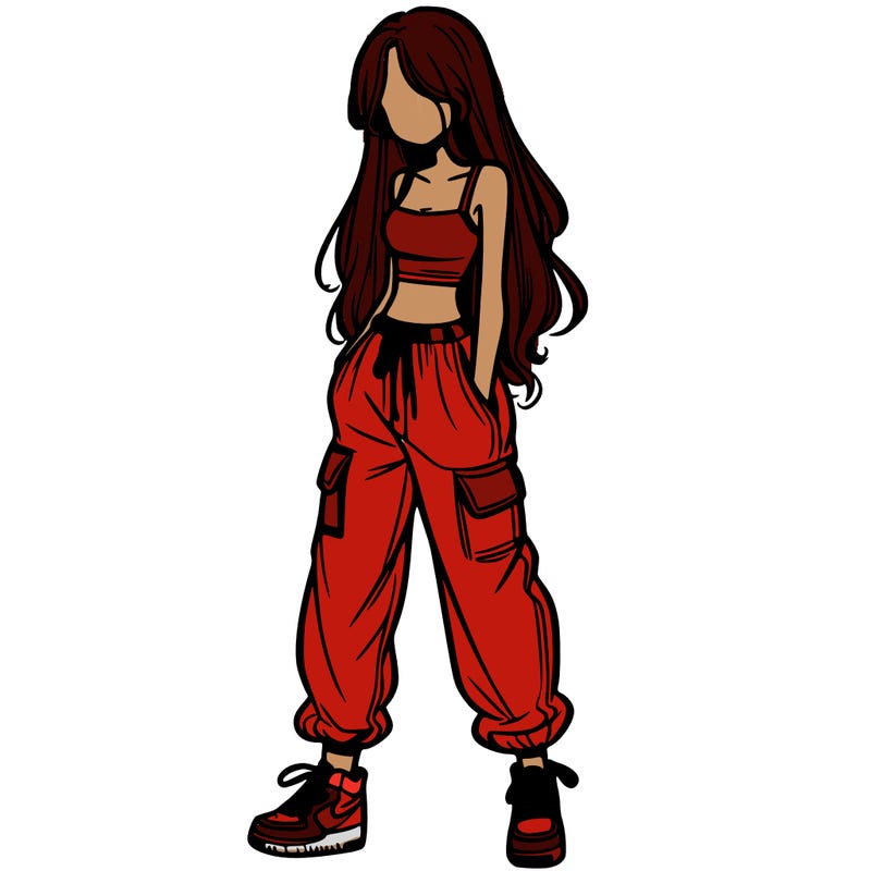 girl in baggy pants crop top and long hair