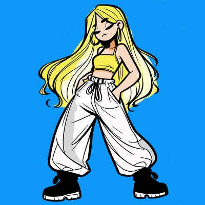 girl in baggy pants crop top and long hair